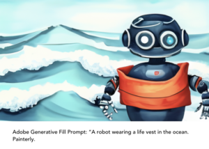 Adobe Generative Fill Prompt: A robot wearing a life vest in the ocean. Painterly.